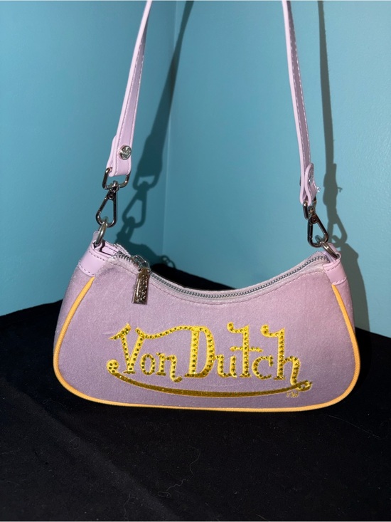 Von Dutch Handbags - Von Dutch Lilac Shoulder Bag with Yellow Trim and Gold Logo